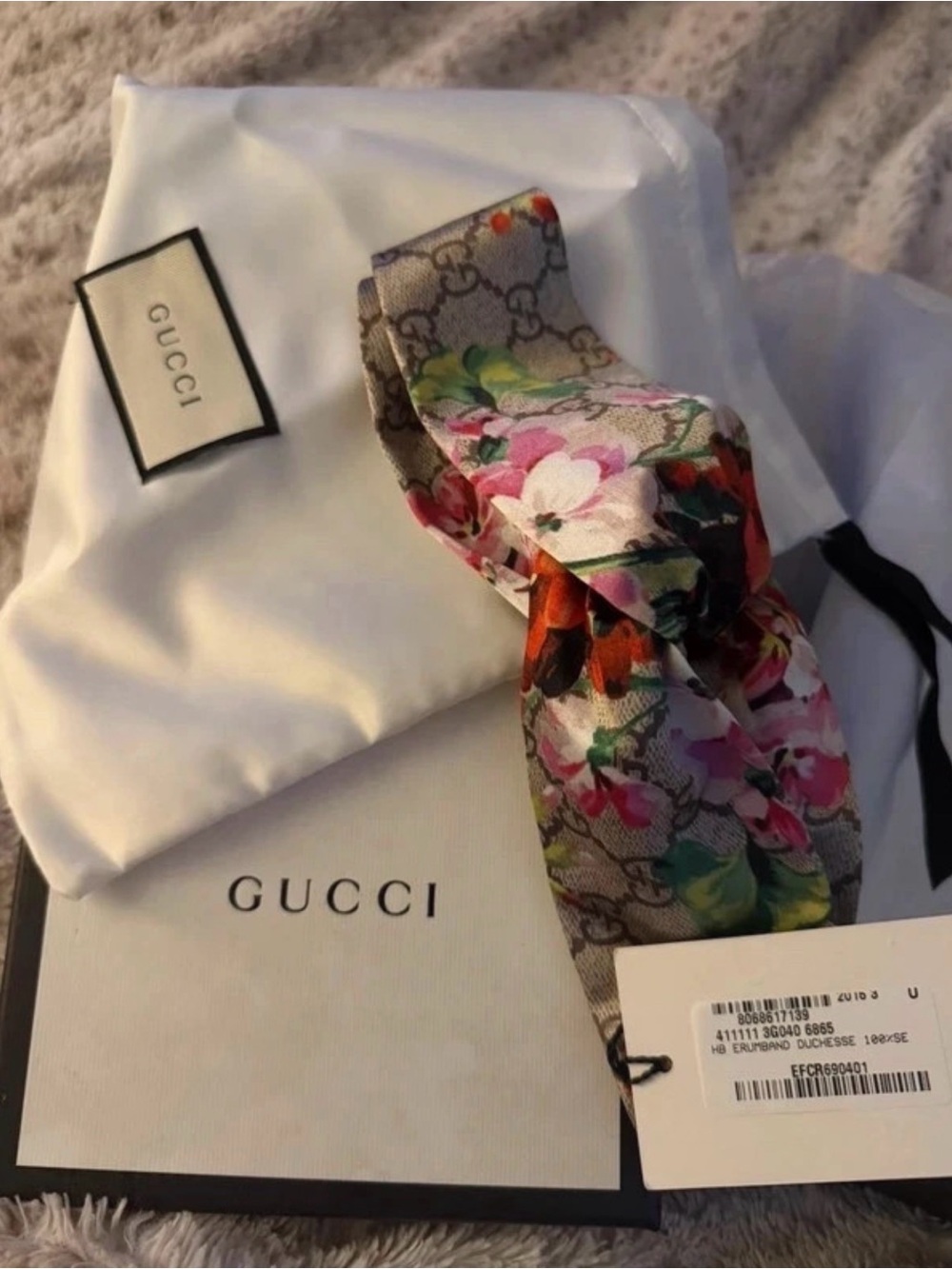 Gucci Floral GG Canvas Knotted Headband in Beige, Pink & Green